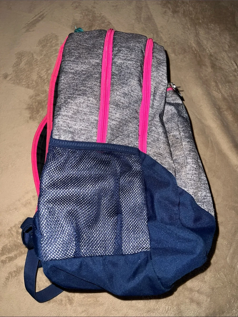 Adidas Gray School Backpack with Pink Zippers & Teal & Blue Accents